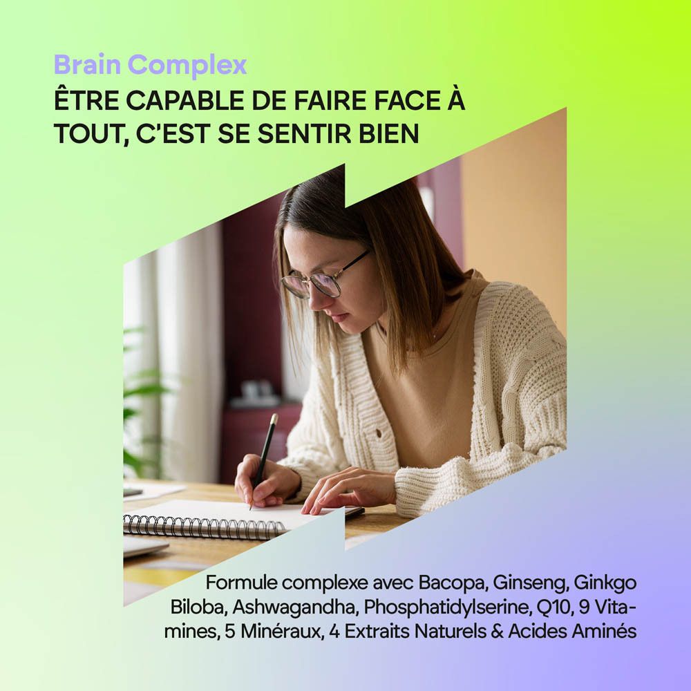 Nutralie Brain Complex: Flacon de 60 gélules, contient Q10, 9 vitamines, 5 minéraux.