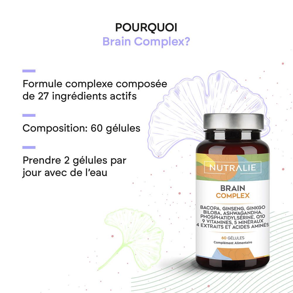Nutralie Brain Complex: Flacon de 60 gélules, contient 4 extraits et acides aminés.