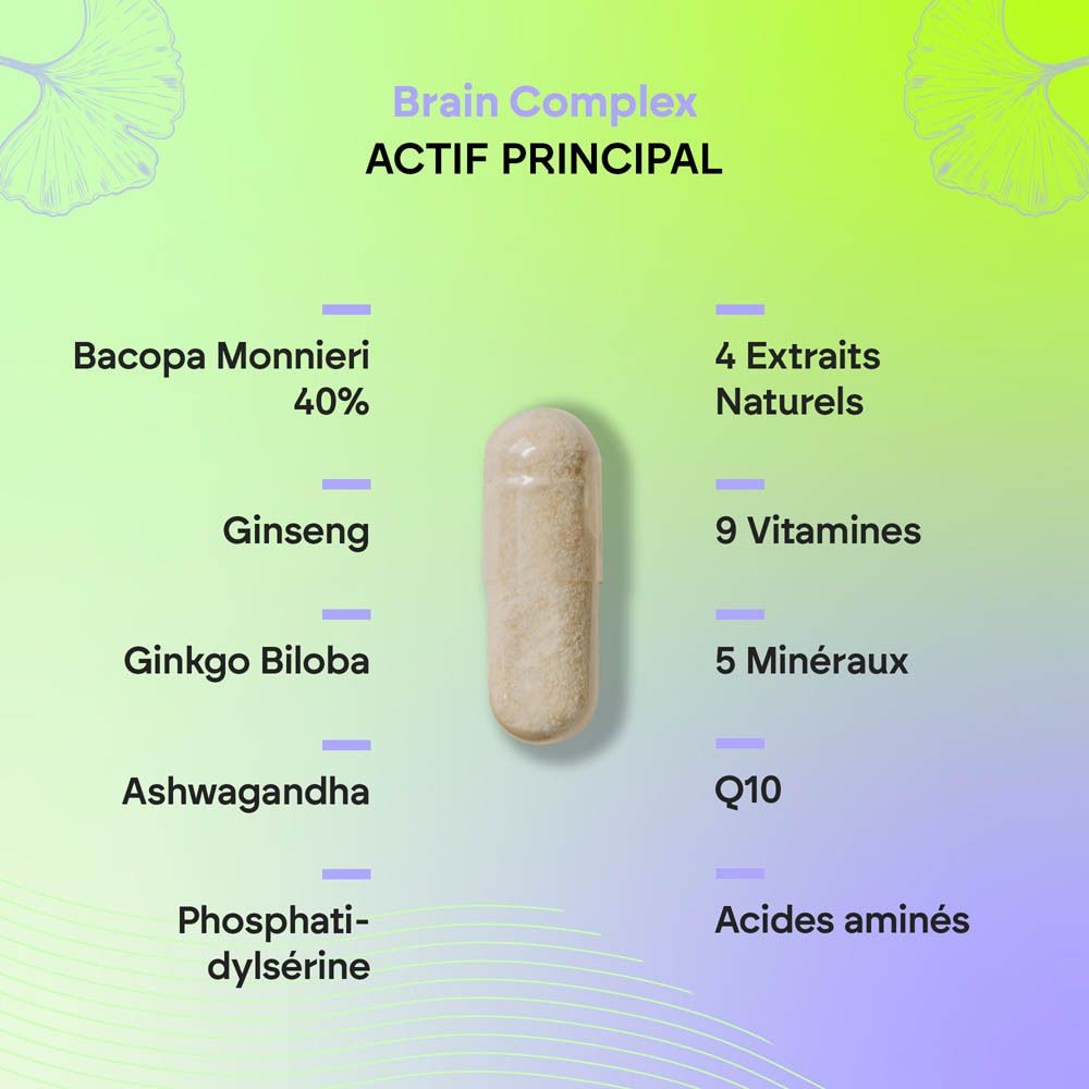 Nutralie Brain Complex: Flacon de 60 gélules, informations nutritionnelles en français.