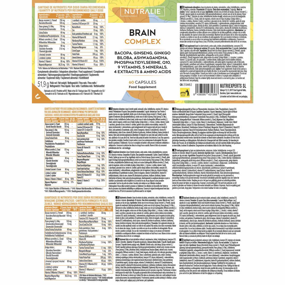 Nutralie Brain Complex: Flacon de 60 gélules, "Complément Alimentaire" en français.