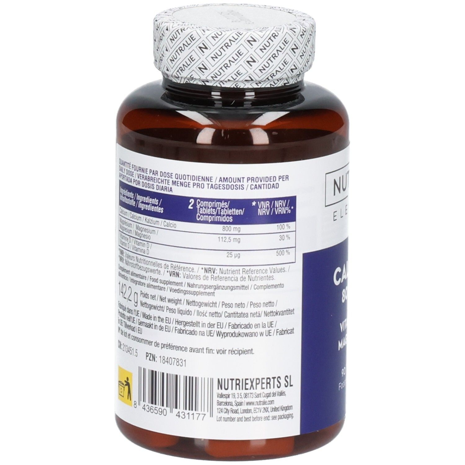 Arrière d'une bouteille Nutralie Calcium 800 mg avec informations nutritionnelles et dosage.