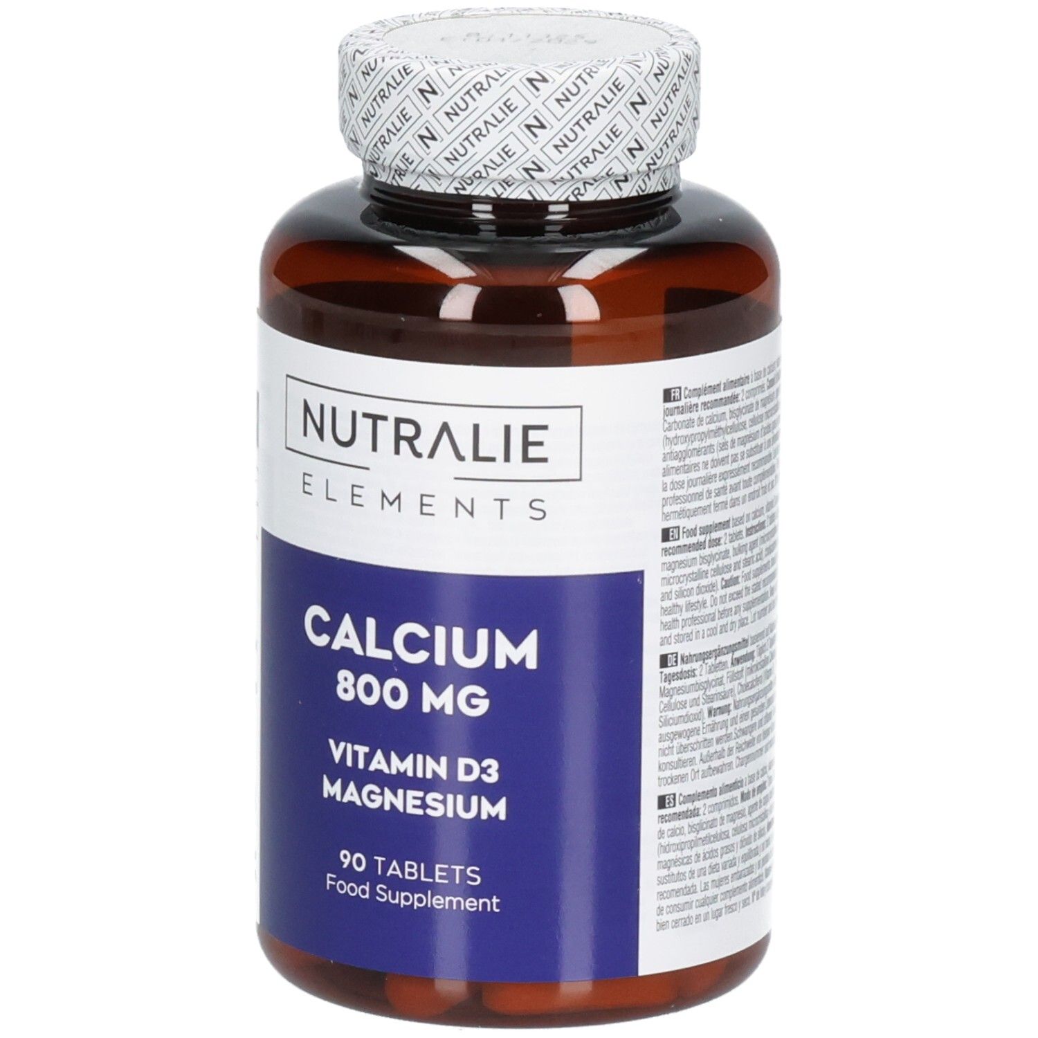 Avant d'une bouteille Nutralie Calcium 800 mg avec informations sur la Vitamine D3 et le Magnésium.