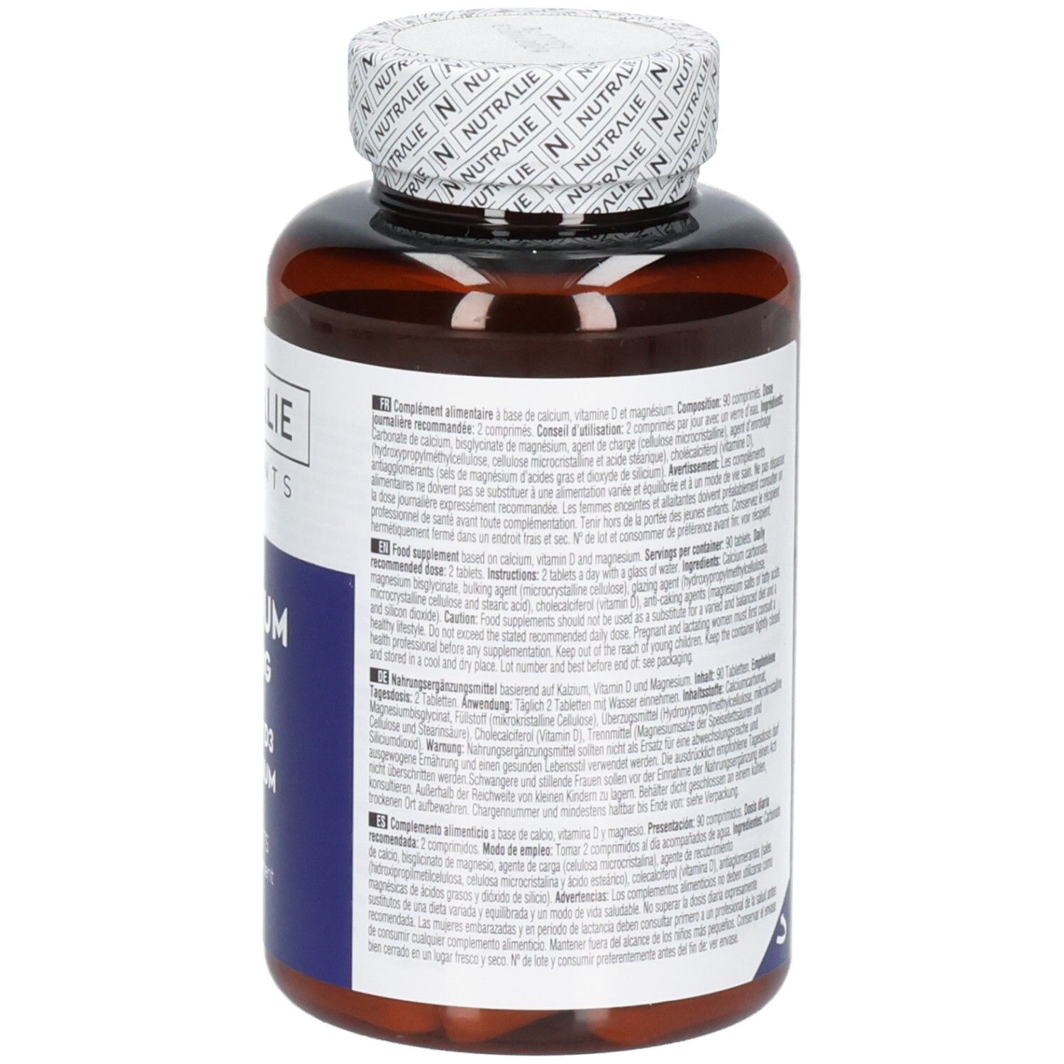 Arrière d'une bouteille Nutralie Calcium 800 mg avec instructions d'utilisation et ingrédients.