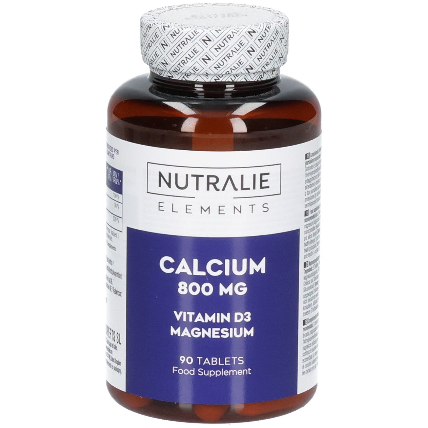 Avant d'une bouteille Nutralie Calcium 800 mg, 90 comprimés, complément alimentaire.