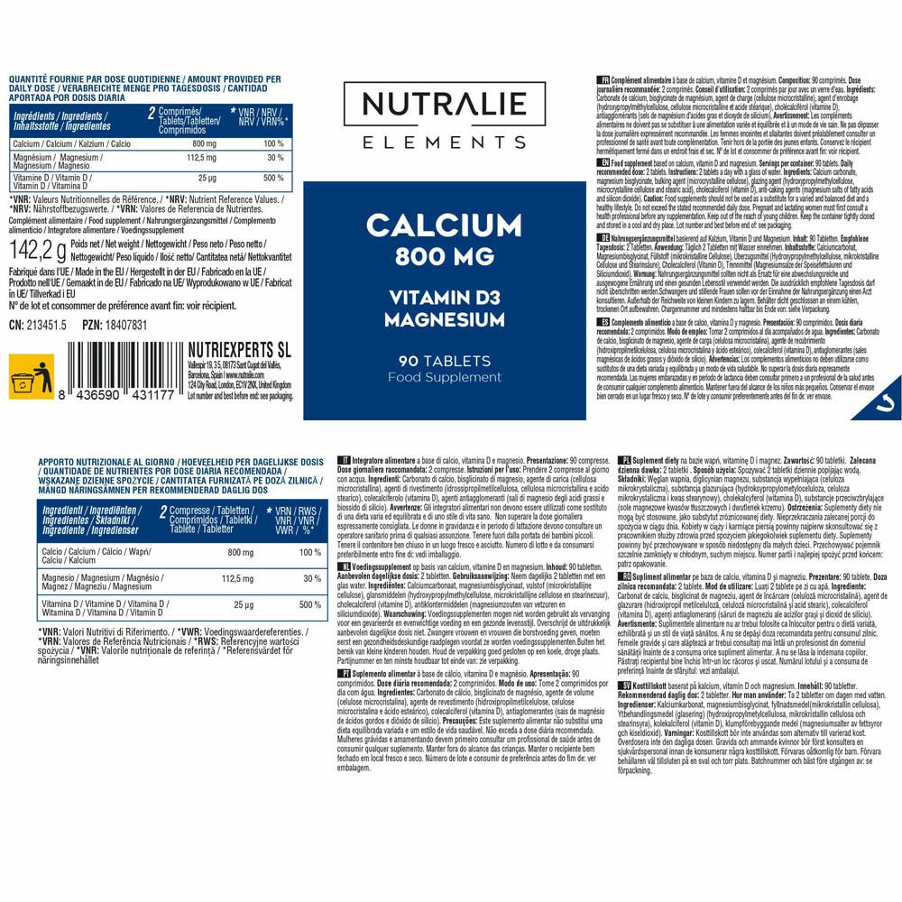 Bouteille Nutralie Calcium 800 mg, avec informations sur les actifs principaux : Calcium, Vitamine D3, Magnésium.