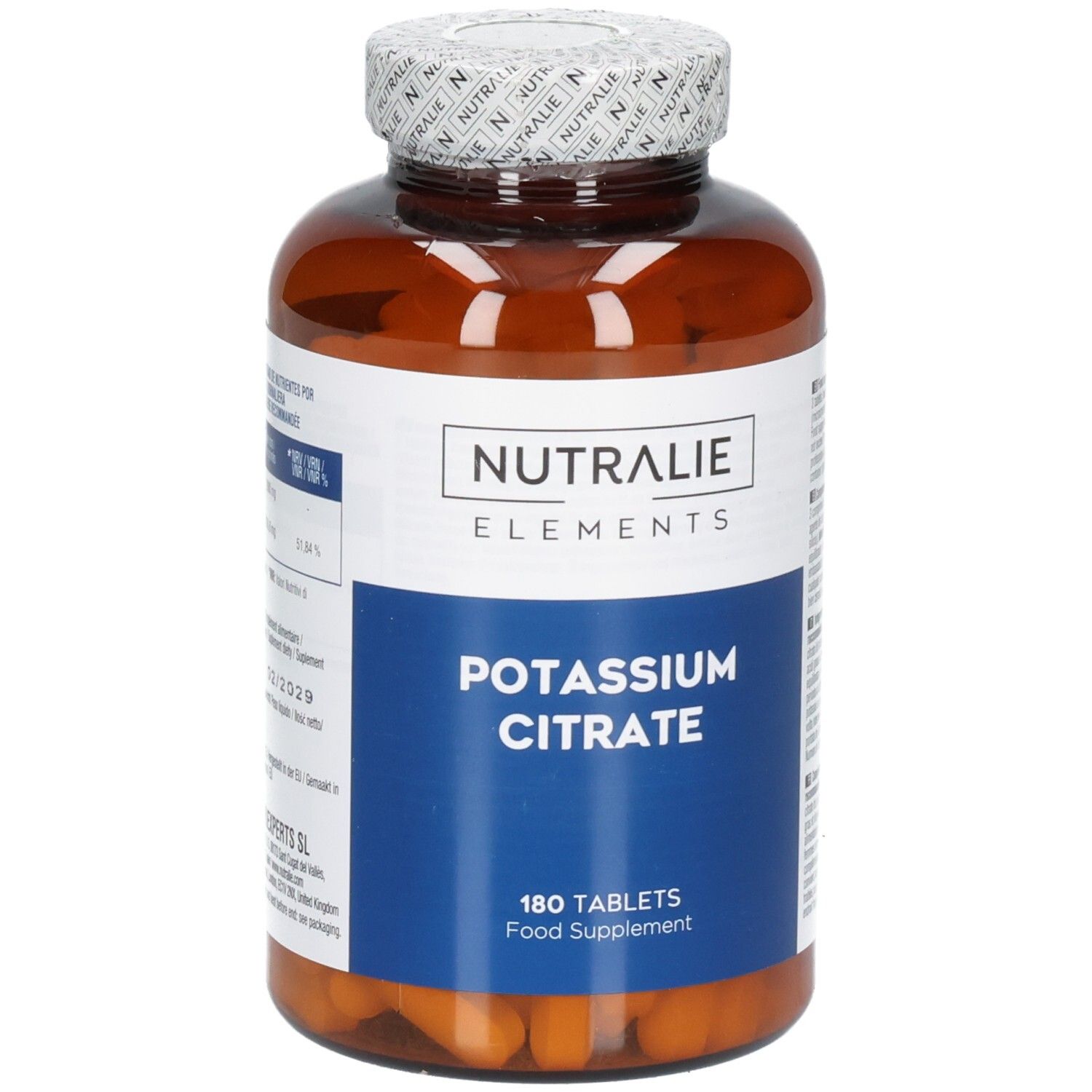 Bouteille brune de Nutralie Citrate de Potassium, 180 comprimés.