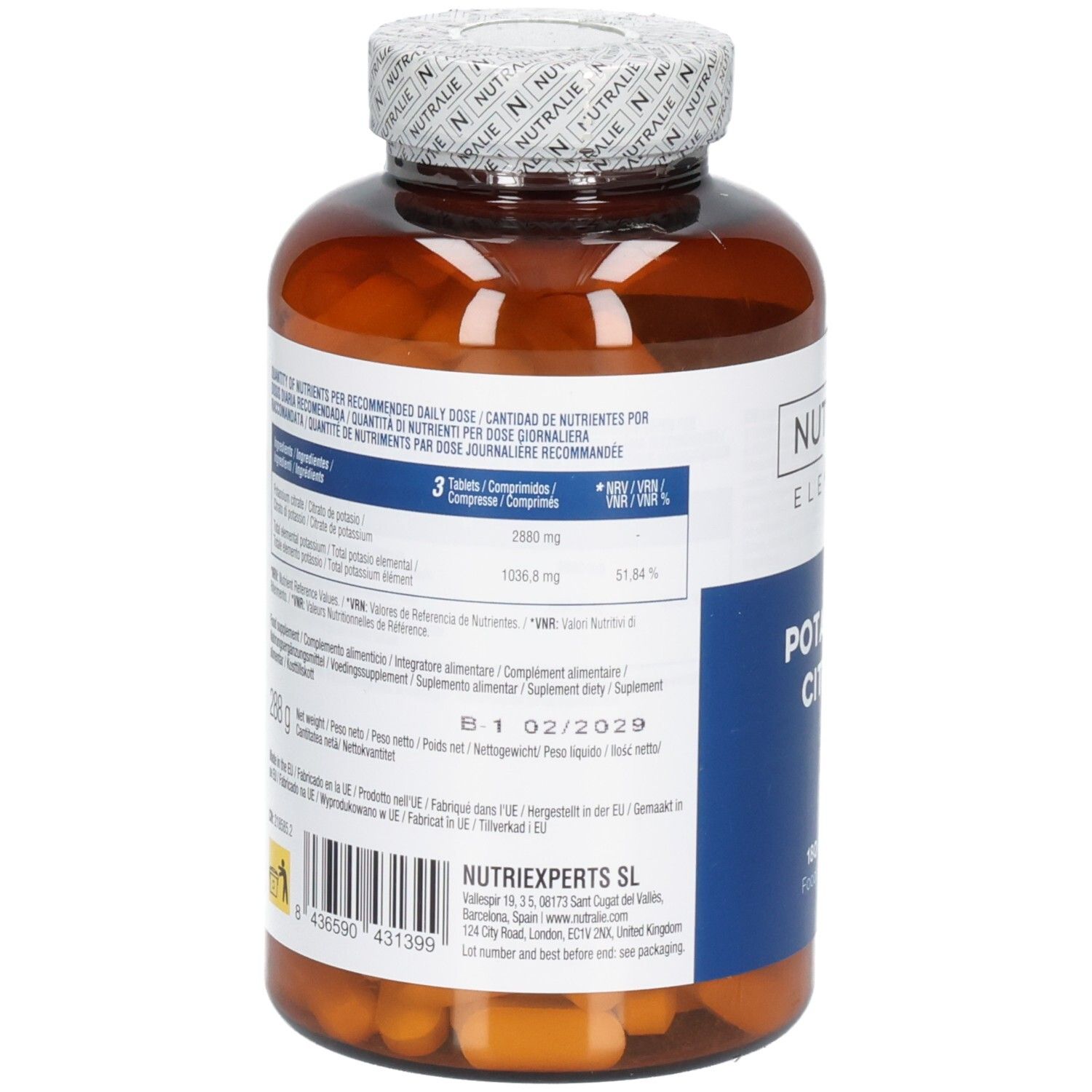 Arrière d'une bouteille Nutralie Citrate de Potassium avec informations nutritionnelles.