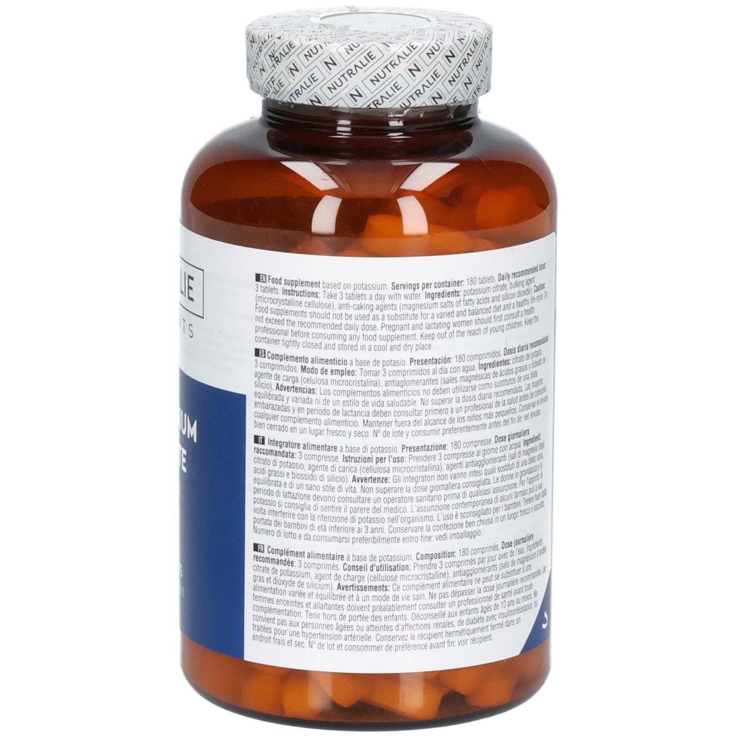 Étiquette d'une bouteille Nutralie Citrate de Potassium avec informations détaillées.