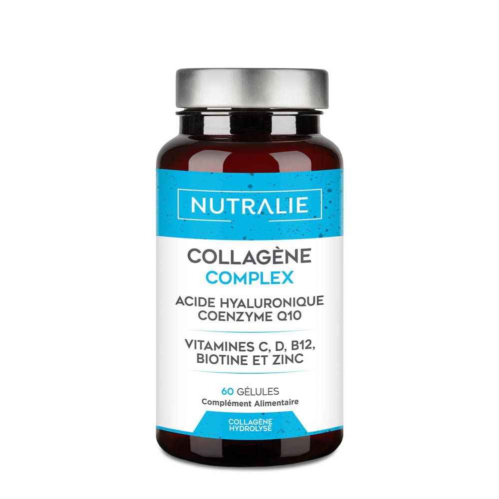 Bouteille Nutralie Collagène Complex de 60 gélules. Contient collagène, acide hyaluronique, coenzyme Q10, vitamines et zinc.
