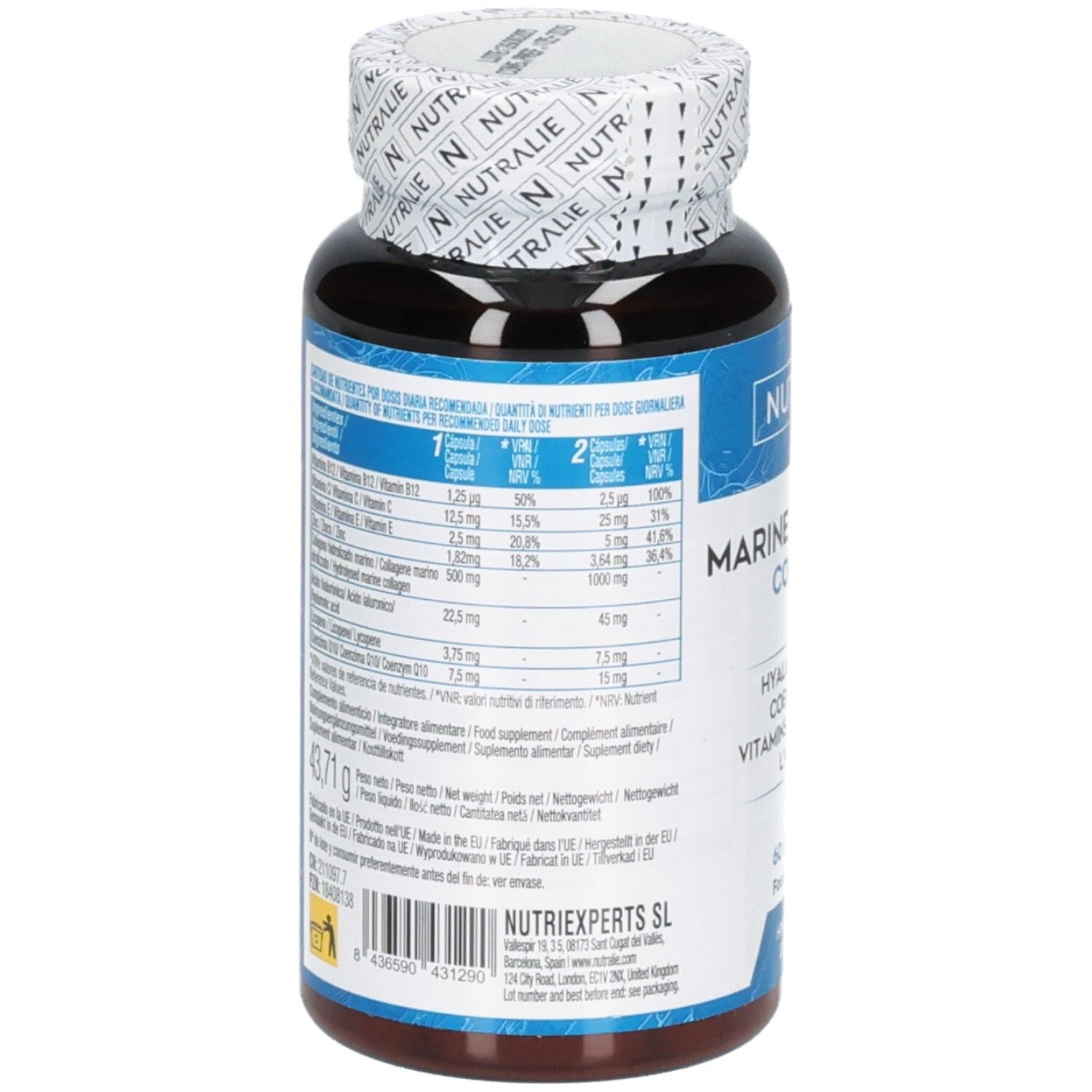 Dos de Nutralie Marine Collagen Complex Gélules avec informations nutritionnelles.