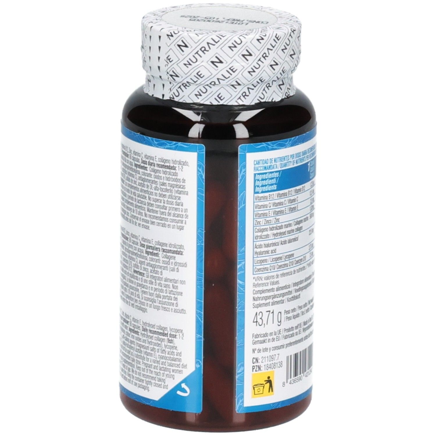 Vue latérale de Nutralie Marine Collagen Complex Gélules avec ingrédients.