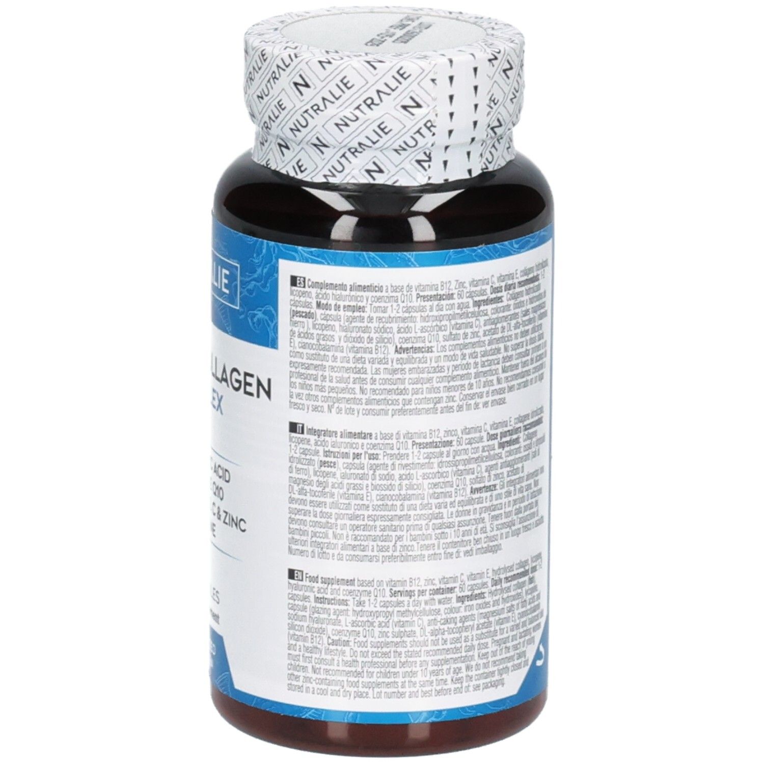 Dos de Nutralie Marine Collagen Complex Gélules avec instructions d'utilisation.