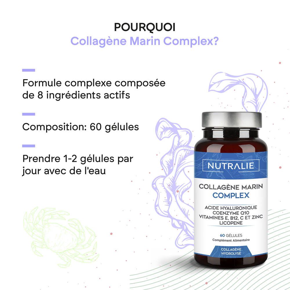 Vue latérale de Nutralie Collagène Marin Complex Gélules avec ingrédients.