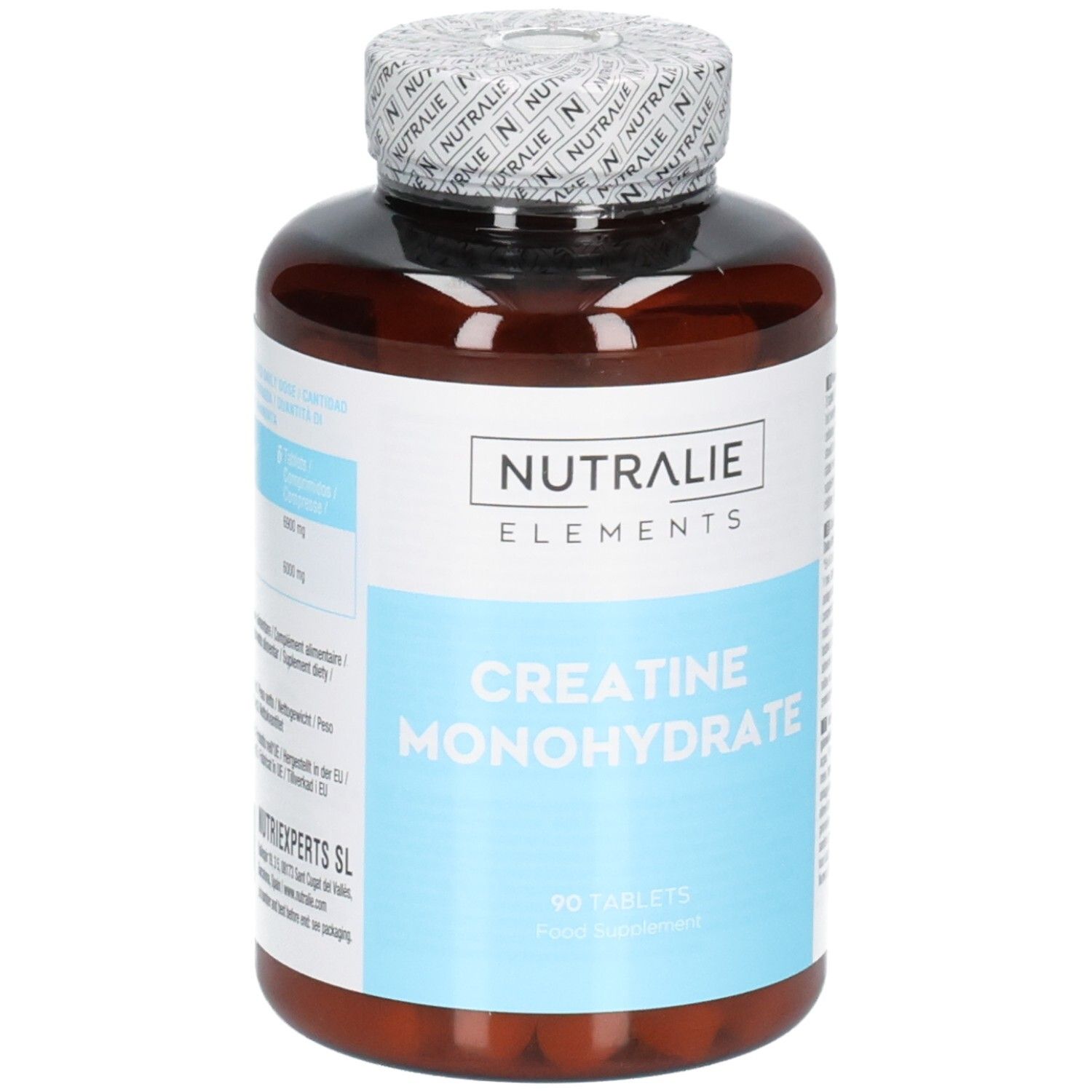 Pot brun Nutralie Créatine Monohydrate contenant 90 comprimés. Étiquettes blanche et bleu clair.