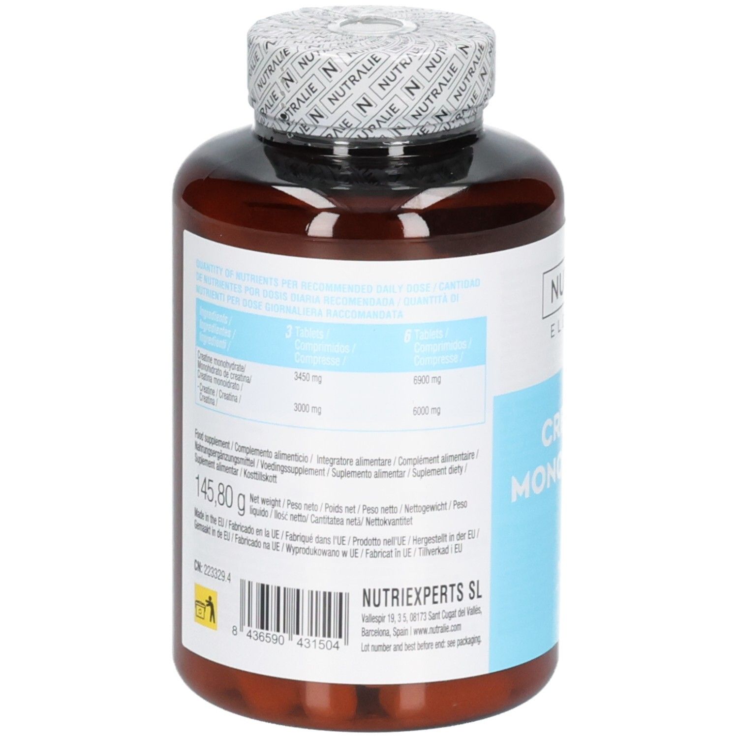 Arrière d'un pot Nutralie Créatine Monohydrate avec informations nutritionnelles et ingrédients.