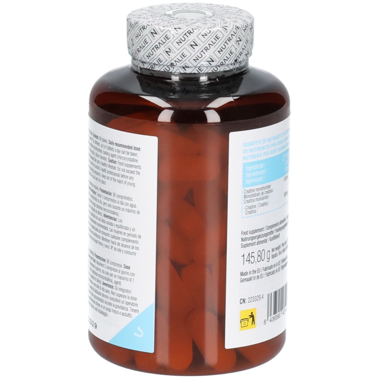 Côté d'un pot Nutralie Créatine Monohydrate avec avertissements et instructions d'utilisation.