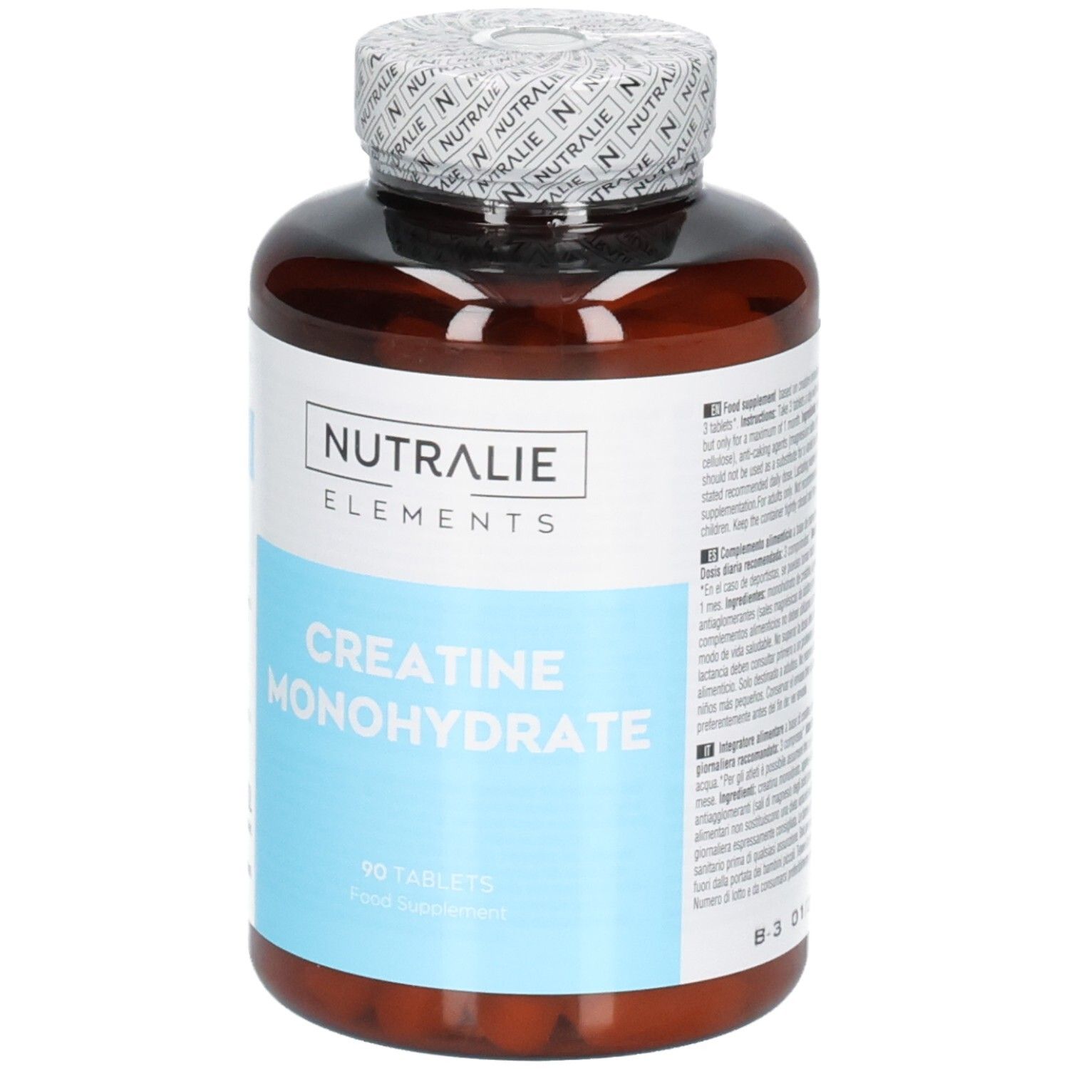 Avant d'un pot Nutralie Créatine Monohydrate avec 90 comprimés. Étiquettes blanche et bleu clair.
