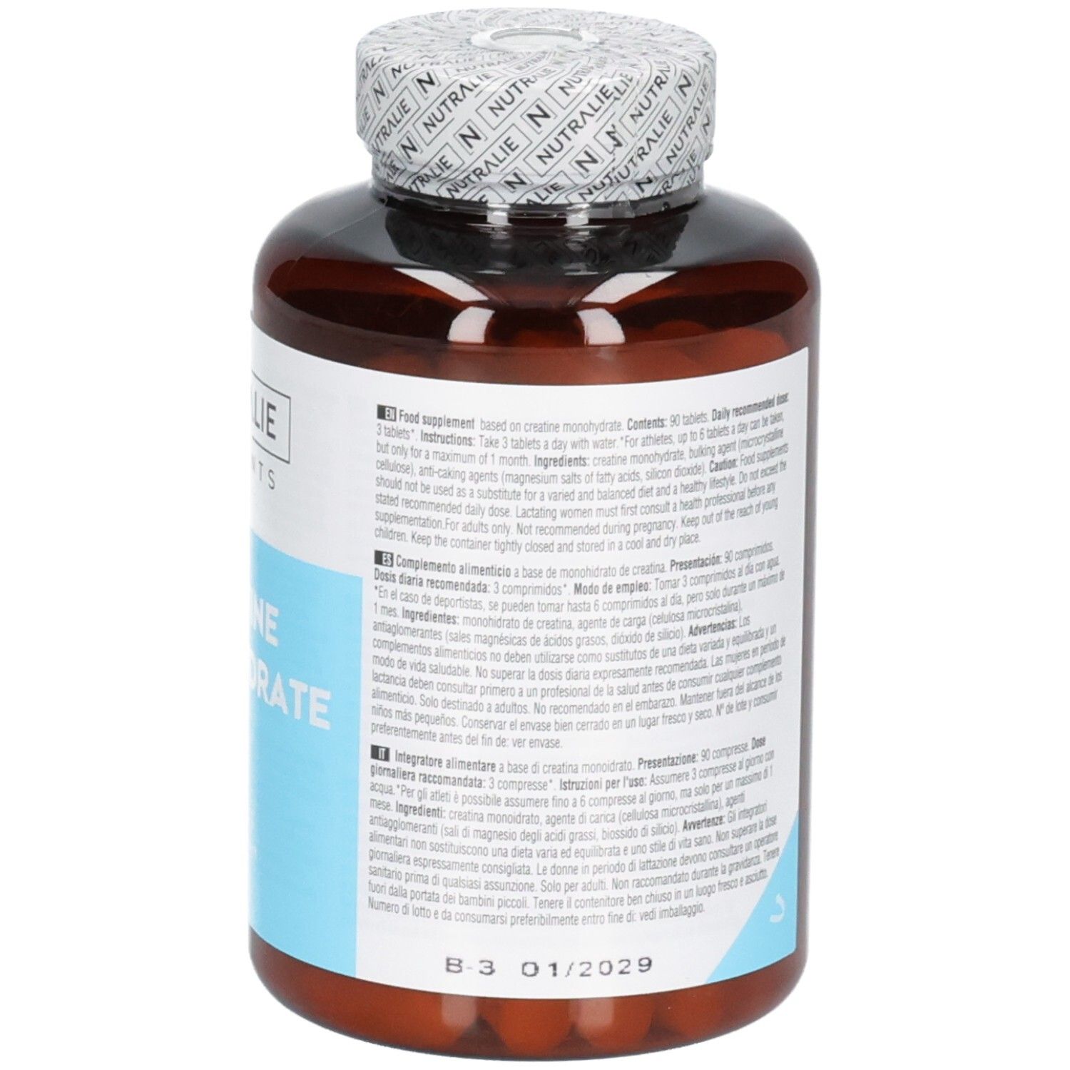 Vue détaillée du pot Nutralie Créatine Monohydrate avec informations sur les ingrédients et l'utilisation.