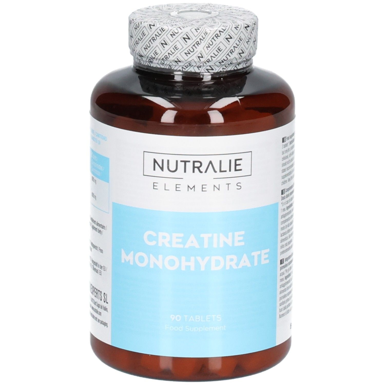 Avant d'un pot Nutralie Créatine Monohydrate, 90 comprimés. Étiquettes blanche et bleu clair.