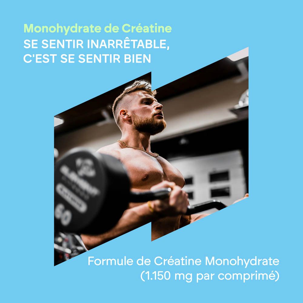 Homme soulevant une barre de musculation dans une salle de sport. Texte : Monohydrate de Créatine, SE SENTIR INARRÊTABLE, C'EST SE SENTIR BIEN.