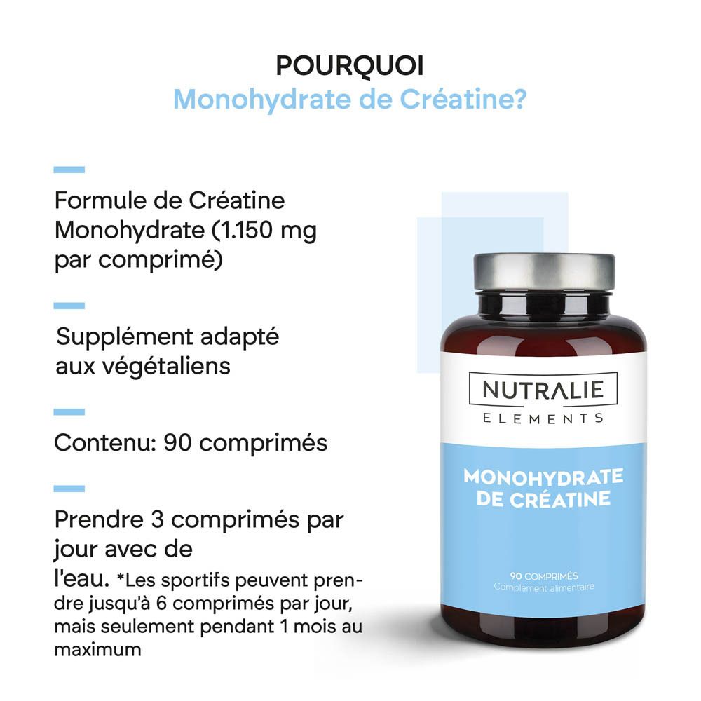 Informations sur Nutralie Monohydrate de Créatine : formule, vegan, 90 comprimés, prise.