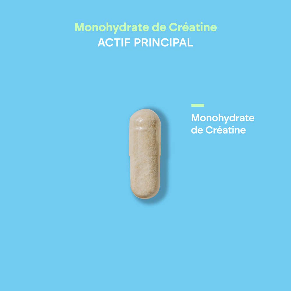 Une seule gélule Nutralie Monohydrate de Créatine sur fond bleu.