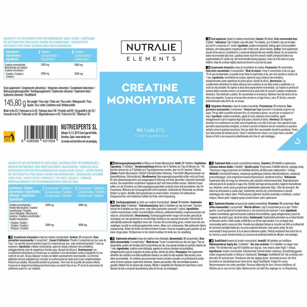 Arrière du pot Nutralie Monohydrate de Créatine avec informations détaillées en plusieurs langues.