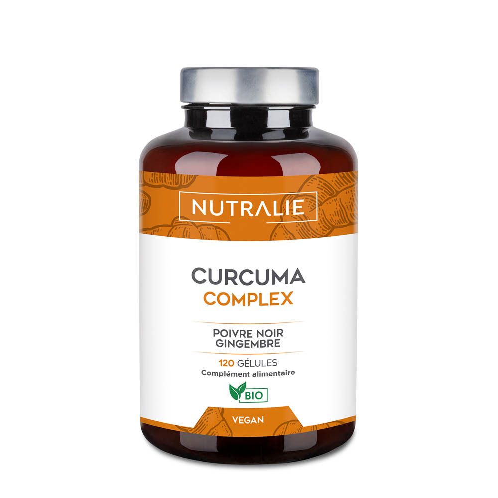 Gélules Nutralie Curcuma Complex avec poivre noir et gingembre. 120 gélules, Bio, Vegan.