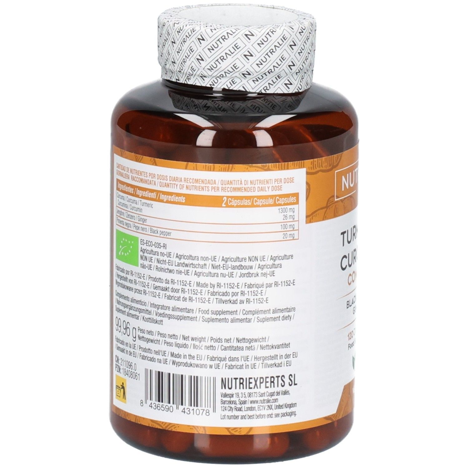 Arrière de la boîte Nutralie Curcuma Complex avec informations nutritionnelles et label Bio. 120 gélules.