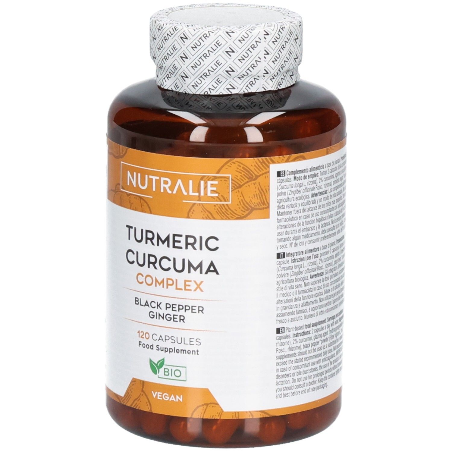 Gélules Nutralie Curcuma Complex avec poivre noir et gingembre. 120 gélules, Bio, Vegan.