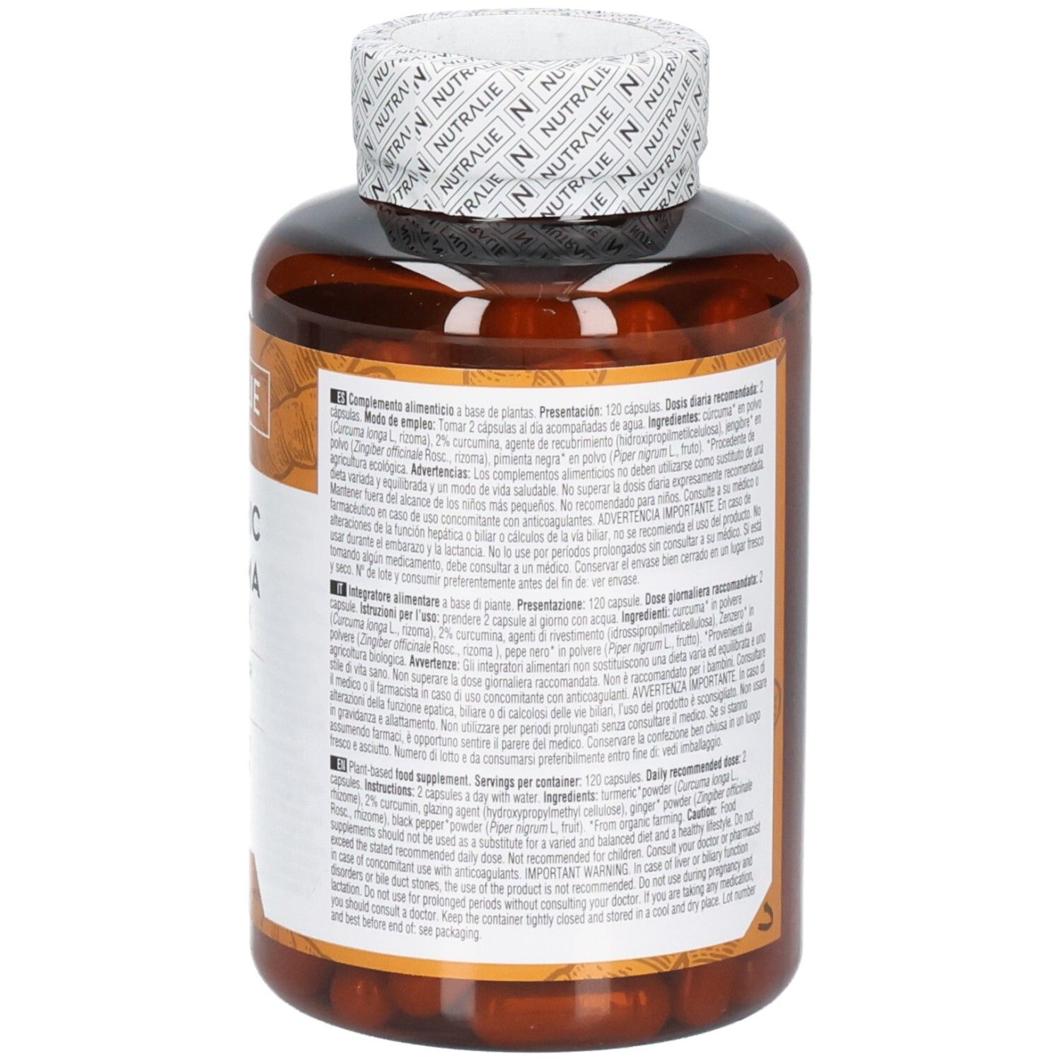 Arrière de la boîte Nutralie Curcuma Complex avec liste détaillée des ingrédients et label Bio.