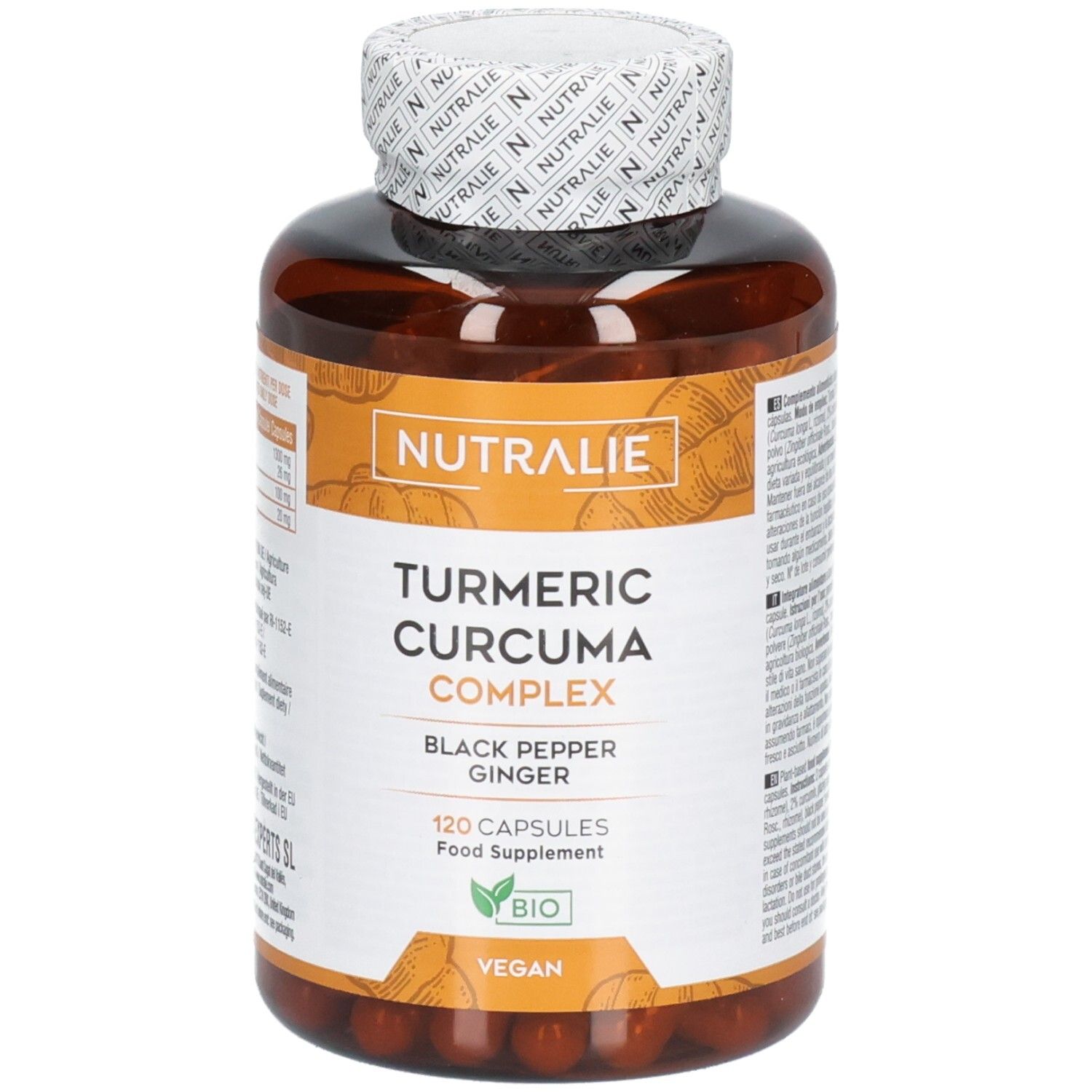 Gélules Nutralie Curcuma Complex avec poivre noir et gingembre. 120 gélules, Bio, Vegan.