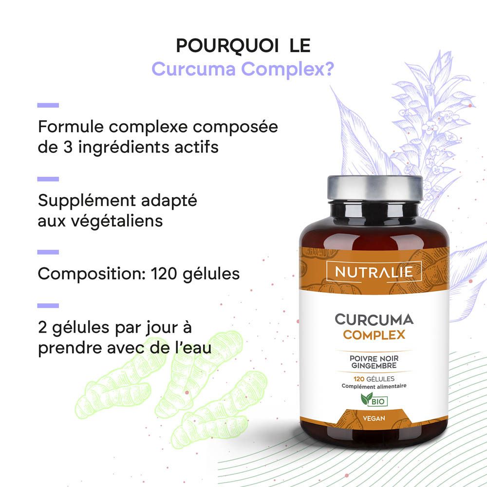 Vue latérale de la boîte Nutralie Curcuma Complex, remplie de gélules brunes. 120 pièces.