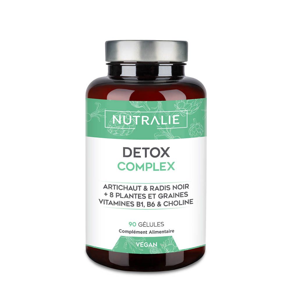 Gélules Nutralie Detox Complex : Flacon brun de 90 gélules végétaliennes. Artichaut, radis noir, vitamines B1, B6, choline.