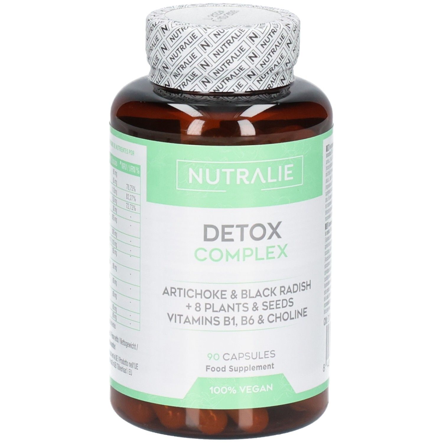 Gélules Nutralie Detox Complex : Flacon brun de 90 gélules végétaliennes. Artichaut, radis noir, vitamines B1, B6, choline.