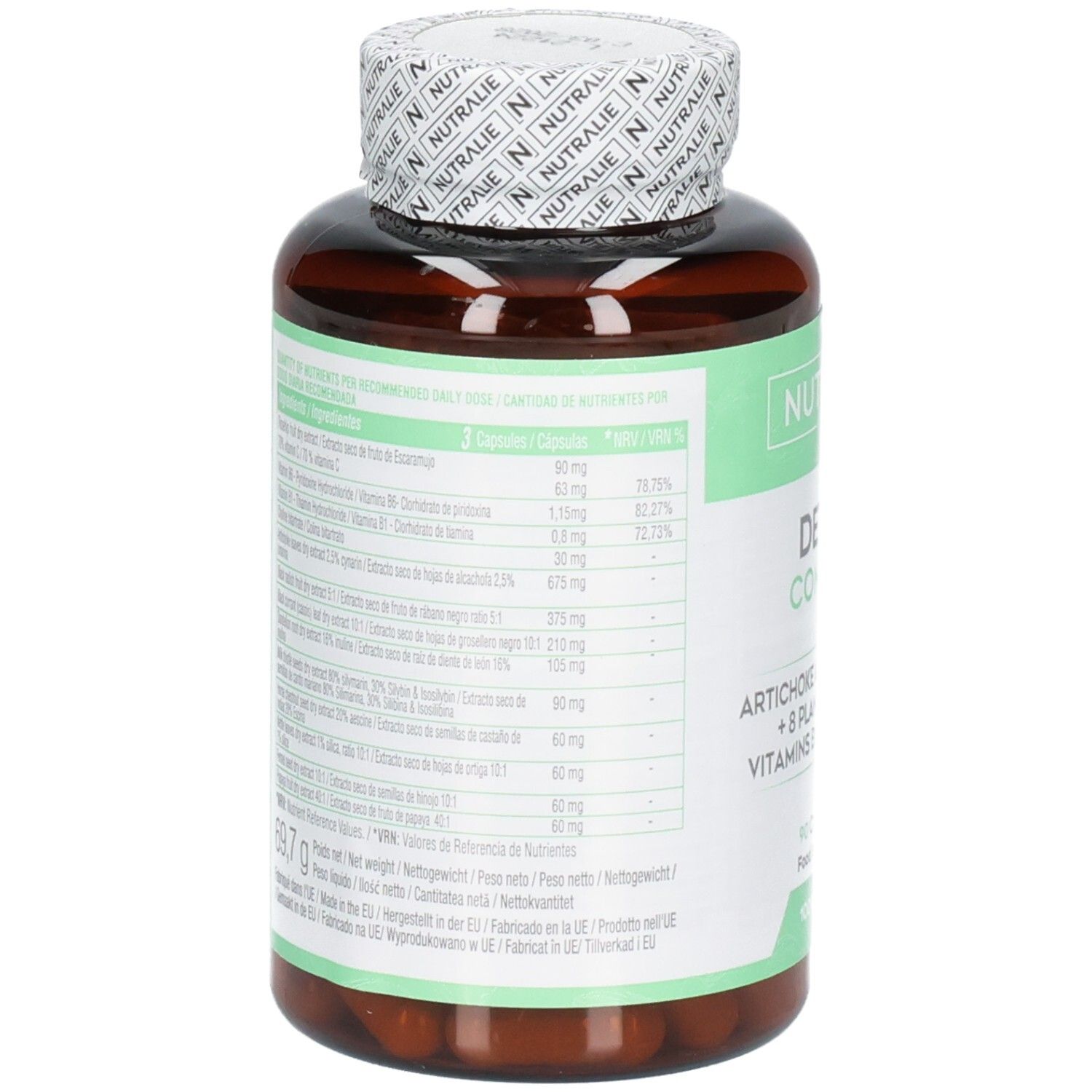 Arrière de la bouteille Nutralie Detox Complex avec informations nutritionnelles et ingrédients.