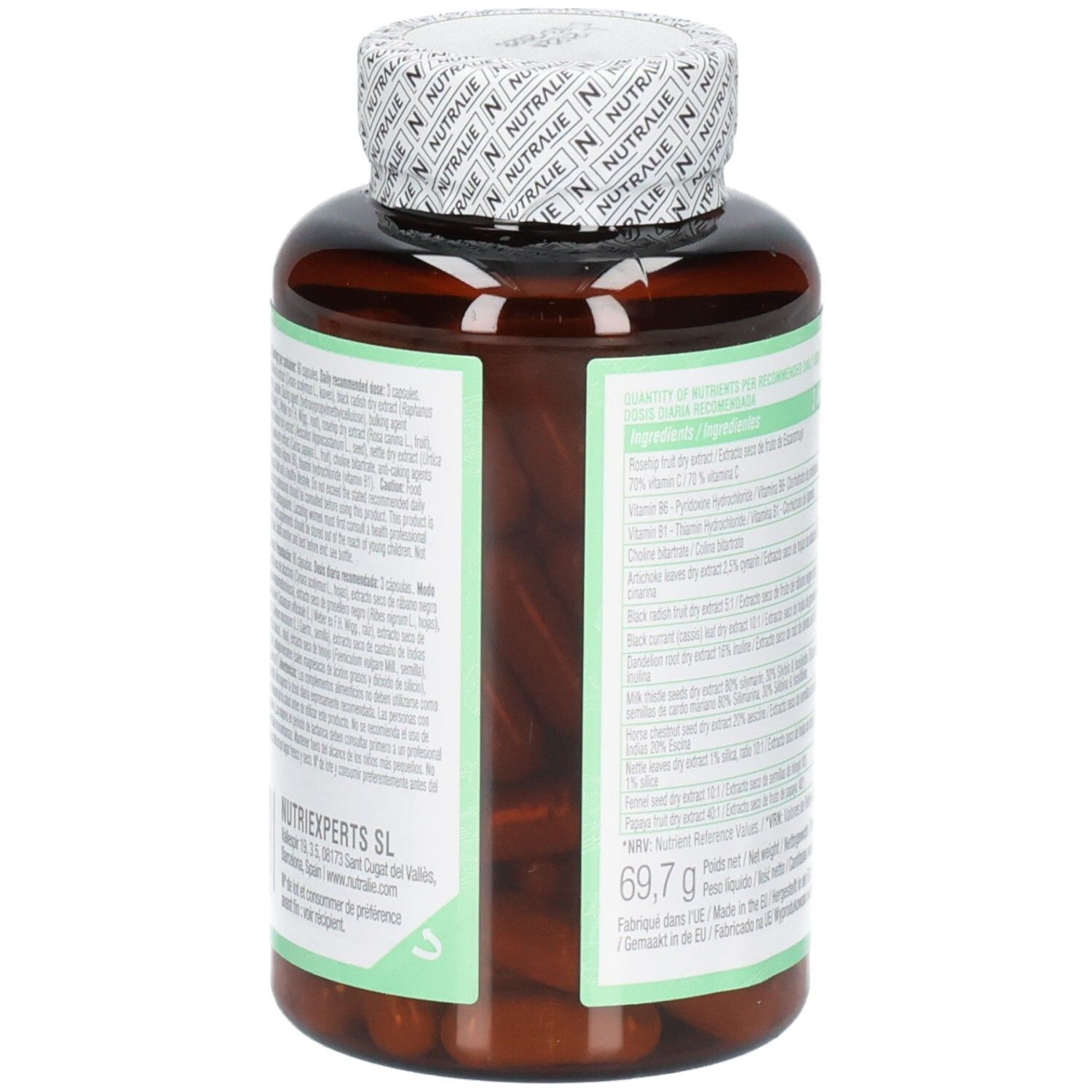 Vue latérale de la bouteille Nutralie Detox Complex avec détails des ingrédients.
