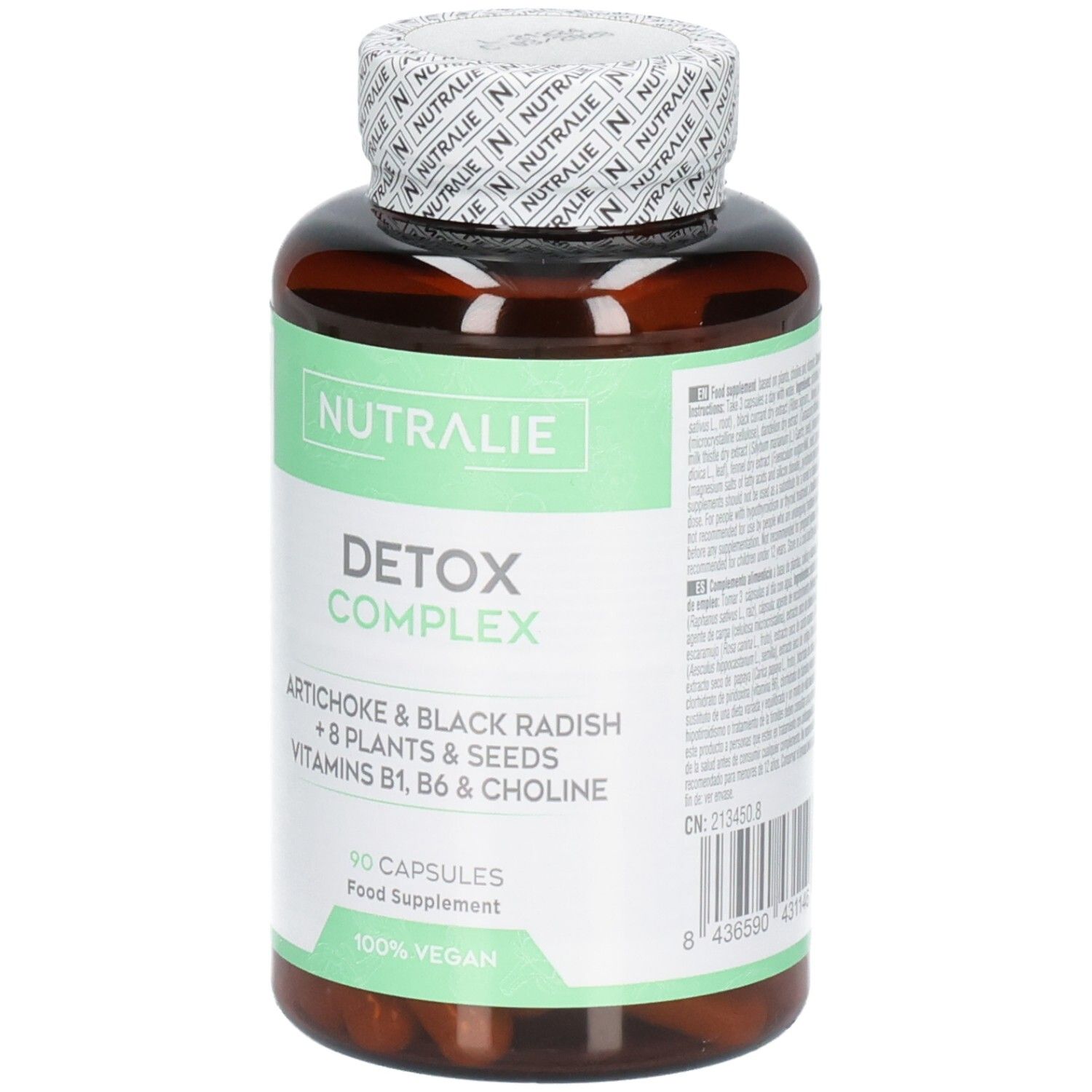 Gélules Nutralie Detox Complex : Flacon brun de 90 gélules végétaliennes. Artichaut, radis noir, vitamines B1, B6, choline.
