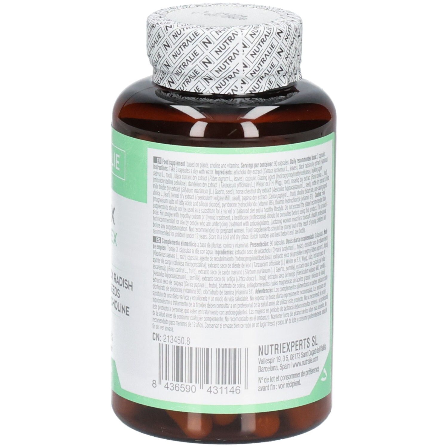 Arrière de la bouteille Nutralie Detox Complex avec code-barres et informations fabricant.