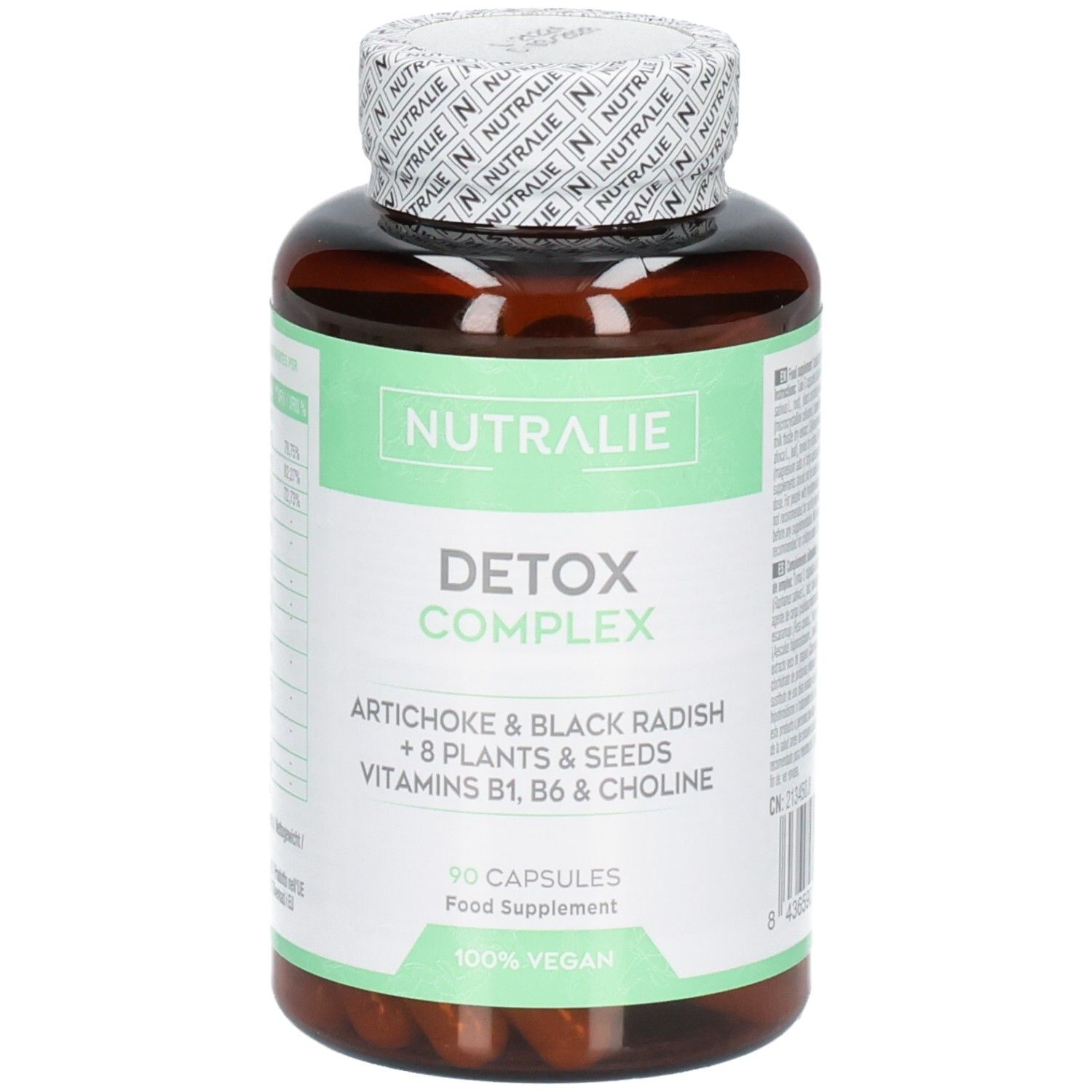 Gélules Nutralie Detox Complex : Flacon brun de 90 gélules végétaliennes. Artichaut, radis noir, vitamines B1, B6, choline.