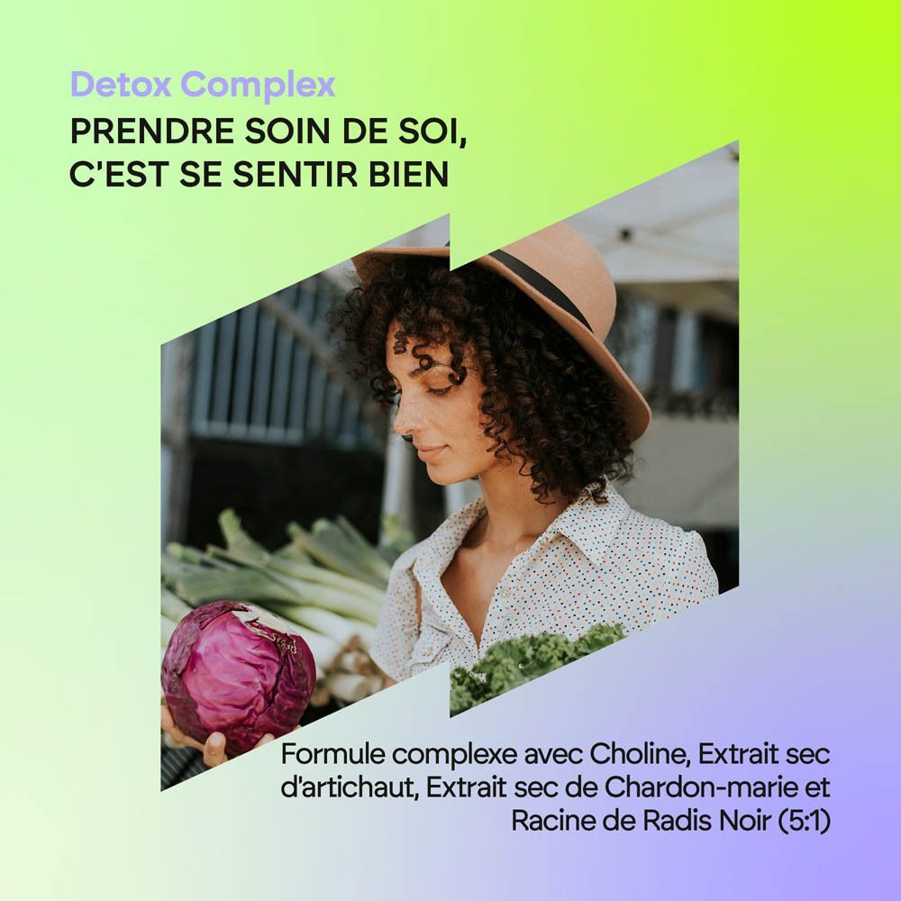 Arrière de la bouteille Nutralie Detox Complex avec informations nutritionnelles et ingrédients.