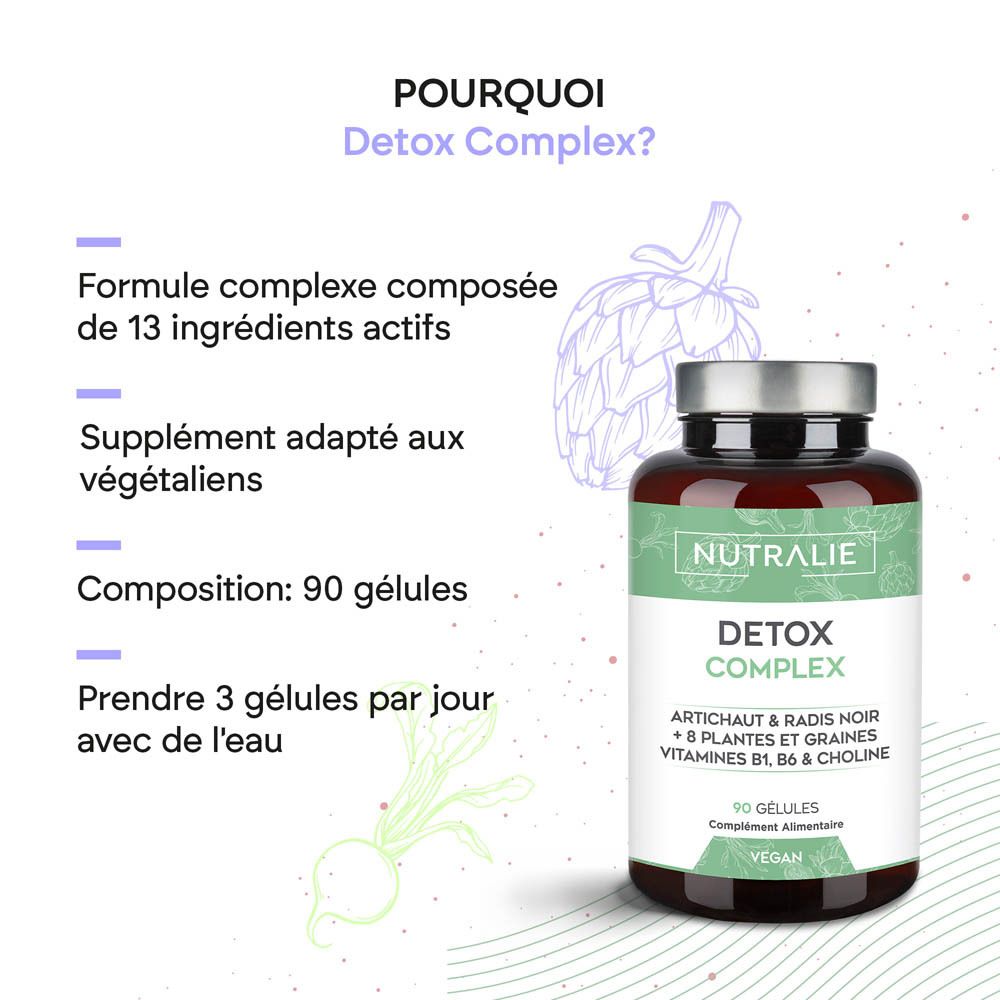 Vue latérale de la bouteille Nutralie Detox Complex avec détails des ingrédients.