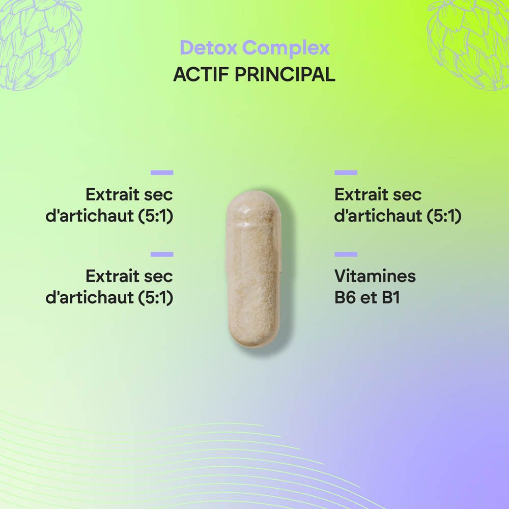 Gélules Nutralie Detox Complex : Flacon brun de 90 gélules végétaliennes. Artichaut, radis noir, vitamines B1, B6, choline.