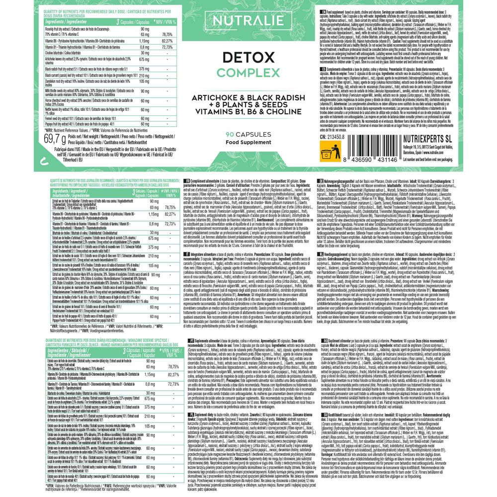 Gélules Nutralie Detox Complex : Flacon brun de 90 gélules végétaliennes. Artichaut, radis noir, vitamines B1, B6, choline.