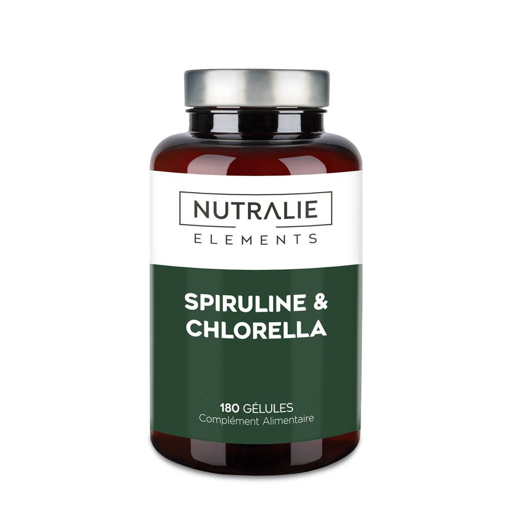 Bouteille Nutralie Spiruline & Chlorella Elements, 180 gélules, Complément Alimentaire.