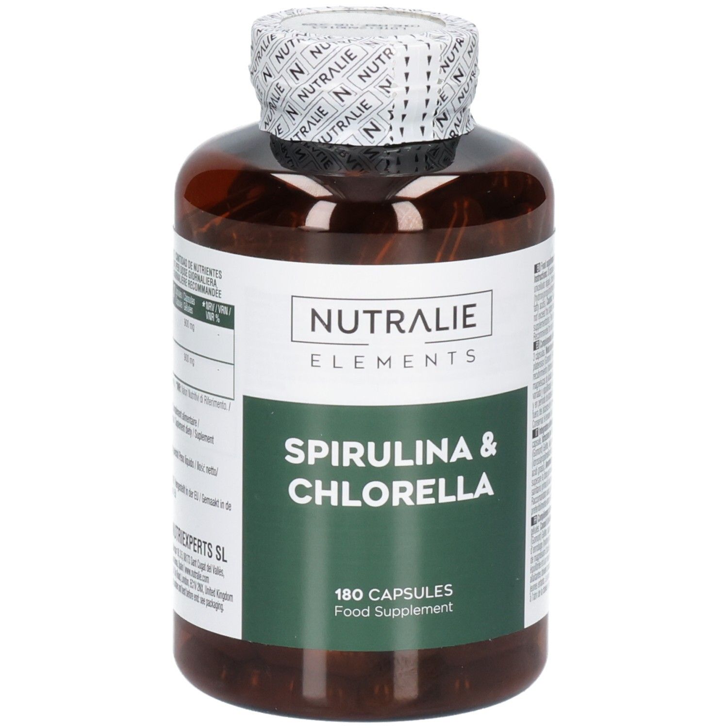 Flacon brun de gélules Nutralie Spiruline & Chlorella, 180 gélules.