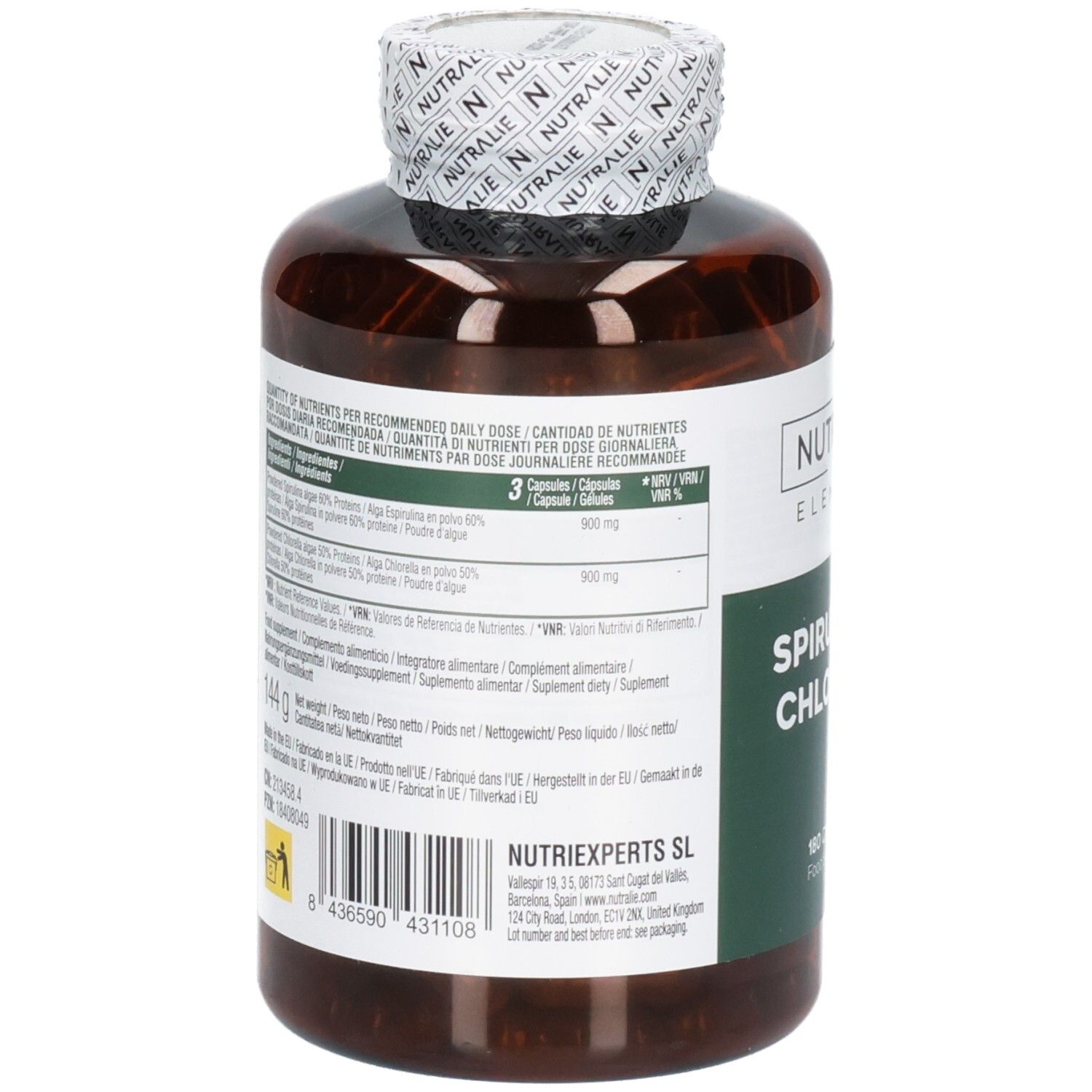 Arrière d'une bouteille Nutralie Spiruline & Chlorella avec informations nutritionnelles.