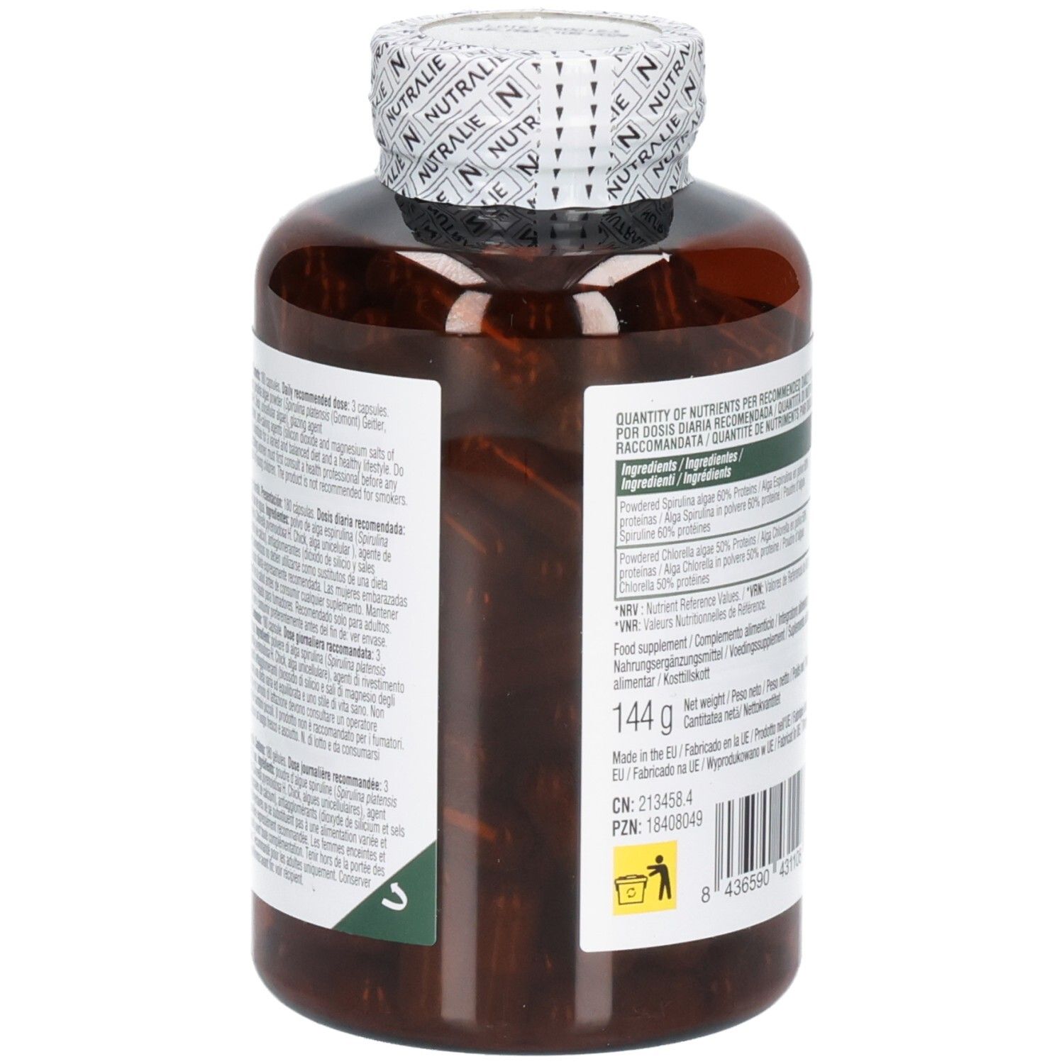 Arrière d'une bouteille Nutralie Spiruline & Chlorella avec code-barres et informations fabricant.