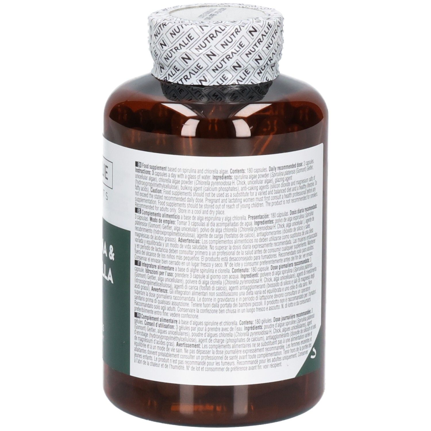 Vue latérale d'une bouteille Nutralie Spiruline & Chlorella avec informations détaillées sur le produit.