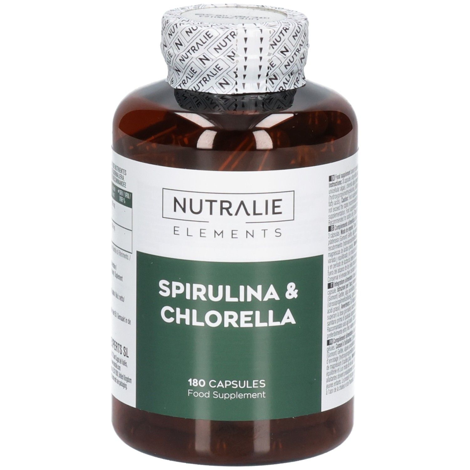 Vue avant d'une bouteille Nutralie Spiruline & Chlorella, 180 gélules, complément alimentaire.